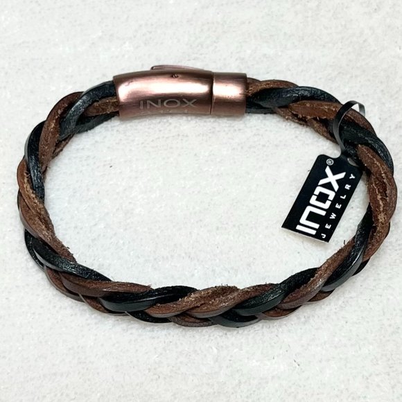 Men's Black and Brown Braided Leather with Rose Gold Clasp Bracelet - NIP - Picture 3 of 9